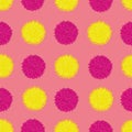 Vector seamless pattern, pom pom, bobble, yellow and pink on trendy pink. Repeating pattern.