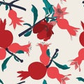 Vector seamless pattern with pomegranate branch with fruits and flowers. Royalty Free Stock Photo