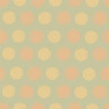 Vector seamless pattern with pompom polka dots in orange and pink pastel color on pineapple green background. Regular