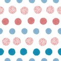 Vector seamless pattern pompom in rows in blue, pink and red color on white background. Holiday Christmass or birthday