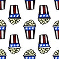 Vector seamless pattern of popcorn in a box in the colors of the American flag.pattern of doodle-drawn popcorn style, side view Royalty Free Stock Photo
