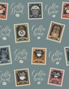 Vector seamless pattern with postage stamps and handwritten inscriptions on coffee and coffeehouse theme in retro style on beige Royalty Free Stock Photo