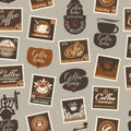 Vector seamless pattern with postage stamps and other coffee symbols on coffee and coffeehouse theme in retro style on beige Royalty Free Stock Photo