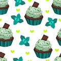 Vector seamless pattern, print with cupcakes,cakes,muffins. Chocolate and mint dessert illustration.