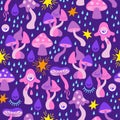 Vector seamless pattern of psychedelic neon mushrooms. Crazy mushrooms. Stylized mushrooms in neon pink and purple