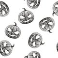 Vector seamless pattern with pumpkin Jack in engraving style. Hand drawn texture with Halloween symbol isolated on white. All