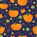 Vector seamless pattern with pumpkins, falling leaves, autumn floral elements. Bright repeated texture for fall season. Royalty Free Stock Photo