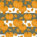 Vector seamless pattern with pumpkins and leaves. Halloween. Hand drawn illustration. The print is used for Wallpaper Royalty Free Stock Photo