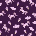 Vector seamless pattern on purple background unicorn ponies