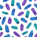 Vector seamless pattern with purple, green and blue crystals on the white background. Gemstones