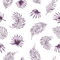 Vector seamless pattern with purple palm tree leaves on white background. Summer tropical repeat exotic backdrop.
