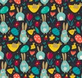 Vector seamless pattern with rabbits, chicken and flowers. Royalty Free Stock Photo