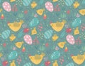 Vector seamless pattern with rabbits, chicken and flowers. Royalty Free Stock Photo