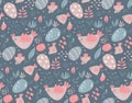 Vector seamless pattern with rabbits, chicken and flowers. Royalty Free Stock Photo