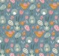 Vector seamless pattern with rabbits, chicken and flowers. Royalty Free Stock Photo