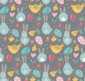 Vector seamless pattern with rabbits, chicken and flowers. Royalty Free Stock Photo