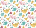 Vector seamless pattern with rabbits, chicken and flowers. Royalty Free Stock Photo