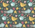 Vector seamless pattern with rabbits, chicken and flowers. Royalty Free Stock Photo
