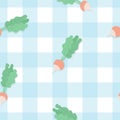 Vector seamless pattern with radish on checkered blue background.