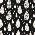 Vector seamless pattern with rain drops. Simple hand-drawn doodle style illustration. Black and white cute childish background Royalty Free Stock Photo