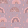 vector seamless pattern of rainbow and drops in dusty pink and beige tones. Trendy background, wallpaper, for fabrics, textiles, Royalty Free Stock Photo