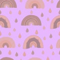 vector seamless pattern of rainbow and drops in dusty pink and beige tones. Trendy background, wallpaper, for fabrics, textiles, Royalty Free Stock Photo