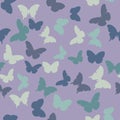 Vector seamless pattern with random violet, pink, creamy, grey, blue, green butterflies