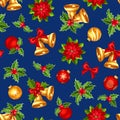 Seamless background with red and gold Christmas decorations on blue. Vector illustration. Royalty Free Stock Photo