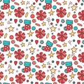 Vector seamless pattern with red and gold Christmas balls, bells, holly and poinsettia on a white background. Royalty Free Stock Photo