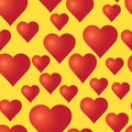 Vector seamless pattern with red hearts on the yellow background.