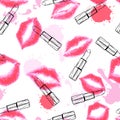 Vector seamless pattern with red kisses and sketch lipstick. Pink lips watercolor background.