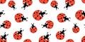 Vector seamless pattern of red ladybugs of different sizes in flat doodle style. Nature-themed background and texture