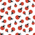 Vector seamless pattern of red ladybugs of different sizes in flat doodle style. Nature-themed background and texture