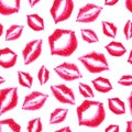 Vector seamless pattern with red lipstick kisses. Pink lips watercolor background.