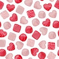 Vector seamless pattern of red and pink chocolate candies in the form of square, circle and heart isolated on white Royalty Free Stock Photo