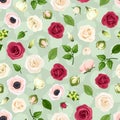 Seamless pattern with red, pink and white flowers on green. Vector illustration. Royalty Free Stock Photo