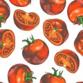 Vector seamless pattern with red tomatoes full and halves. Hand Royalty Free Stock Photo