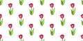 Vector seamless pattern with red tulip flowers. Hand drawn doodle cute bright texture, backdrop Royalty Free Stock Photo