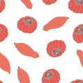 Vector seamless pattern with red turban squashes and elongated pumpkins on white.