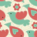 Vector seamless pattern with red and turquoise birds decorated b