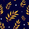 Vector seamless pattern. Red twigs with yellow leaves on a dark blue background. Hand-drawn natural pattern. Decorative background Royalty Free Stock Photo