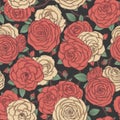 Vector seamless pattern with red and yellow rose flowers and leaves on black background. Floral ornament of blossoms Royalty Free Stock Photo