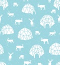 Vector seamless pattern with reindeer and igloo. Arctic blue surface design. Winter background.