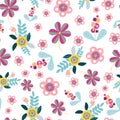 Vector seamless pattern repeat with random scattered folk art style floral motifs.