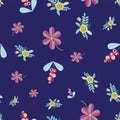 Vector seamless pattern repeat with random scattered folk art style floral motifs on dark blue.