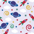 Vector seamless pattern with retro rocket ship in space and saturn planet