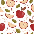 Vector seamless pattern with ripe apples, leaves and decorative dots. Royalty Free Stock Photo