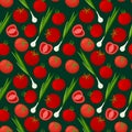 Vector seamless pattern with ripe tomatoes and green onions