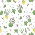 Vector seamless pattern with river or marsh elements. Cute repeat background with frog, reeds, water insects. Sweet ornament for