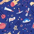 Vector Seamless Pattern With rockets, satellite, UFO, stars. Cartoon flat style cosmos kids background